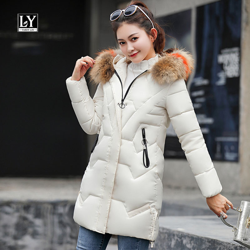 

down Winter Women Cotton Coats Elegant Long Sleeve Pocket with Big Fur Collar Thicken Warm Hooded Jackets, Black