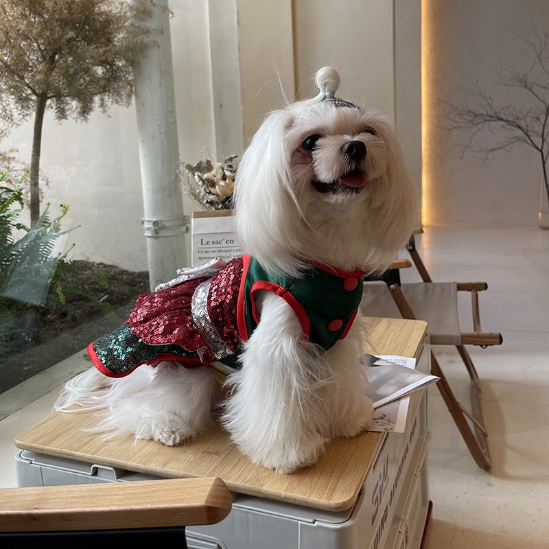 

Handmade Pet Clothes Dog Apparel Dress Christmas Style Classic Sequin Shiny Princess Costume Festival Holiday New Year Maltese Poodle, Green