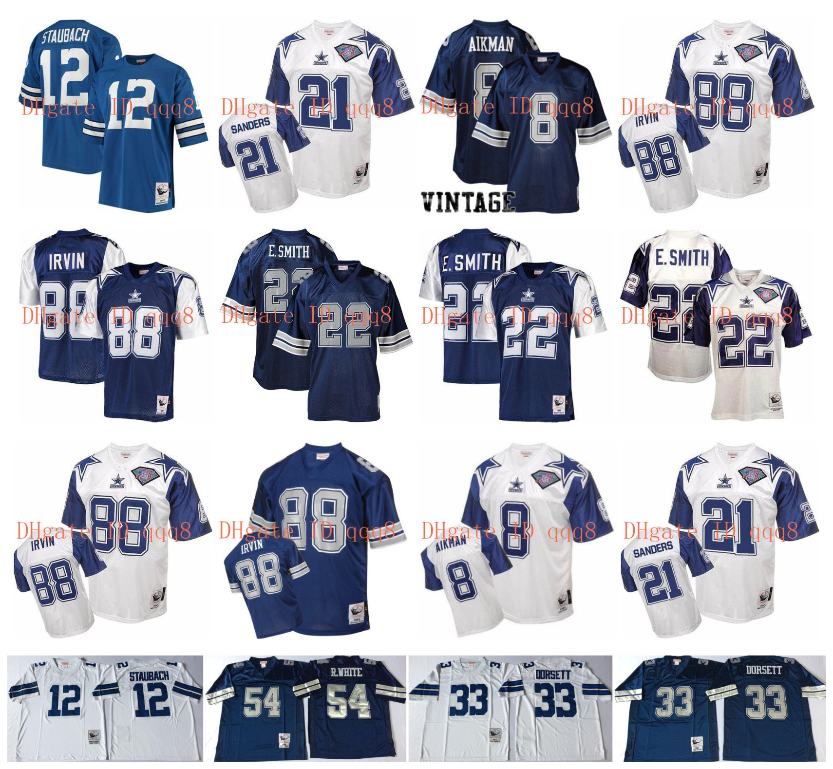 

Retro Jerseys #88 Michael Irvin 22 Emmitt Smith 8 Troy Aikman 12 Roger Staubach 33 Tony Dorsett Deion Sanders 75th Anniversary M&N Football, As pic
