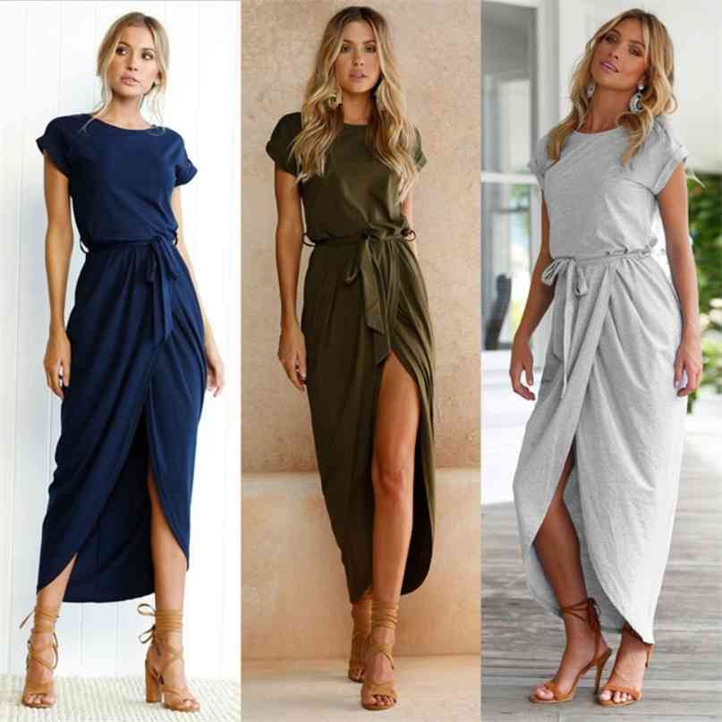 

Sexy Women O-neck Short Sleeve Tunic Summer Beach Sun Casual Femme Vestidos Lady Clothing Clothes 210607, Gray