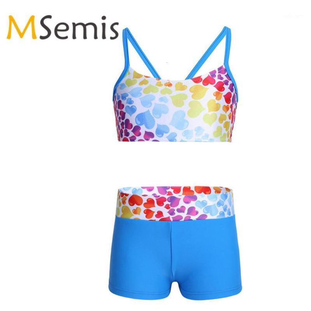 

2PCS Kids Girls Gymnastic Swimsuit Crop Tops Tankini Tops with Bottoms Heart-shaped Bowknot Back Girls Swimwear Bathing Suit Set1, Black;red