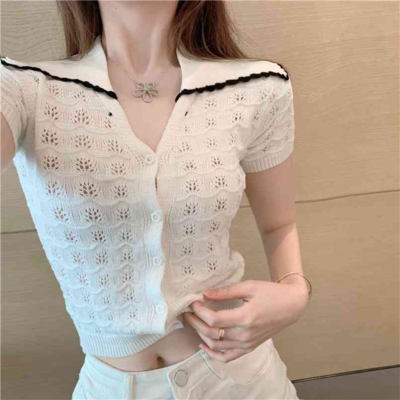 

Fashion Cardigan Spring/Summer Sweet Doll Collar Hollow Short Sleeve Sweater Women' Knitted 210520, White