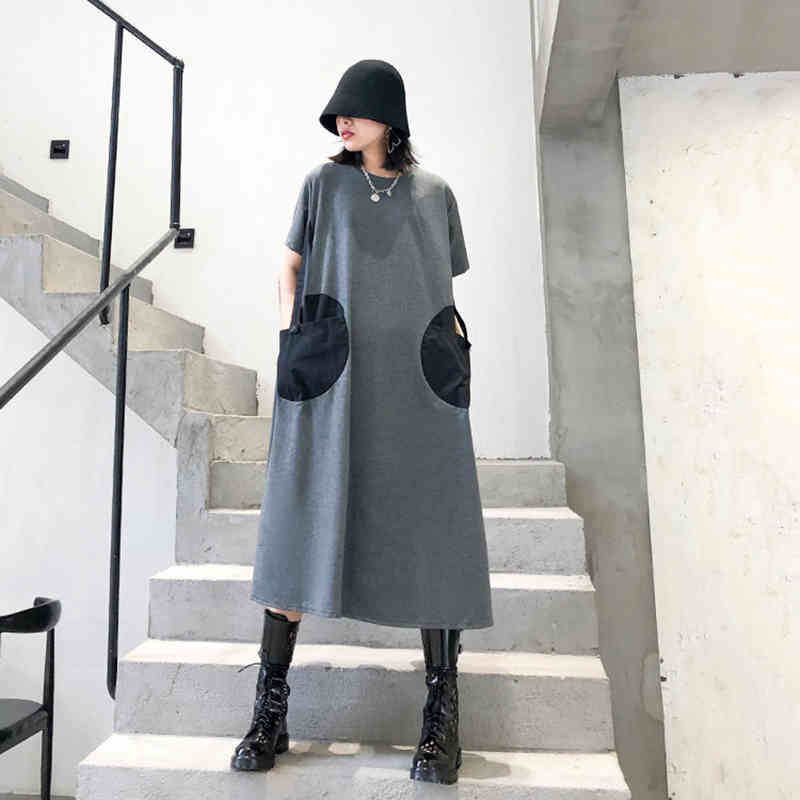 

Casual Dresses Women Dot Pinrted Back Pleated Big Size Round Neck Short Sleeve Loose Fit Fashion Tide Spring Summer, Gray