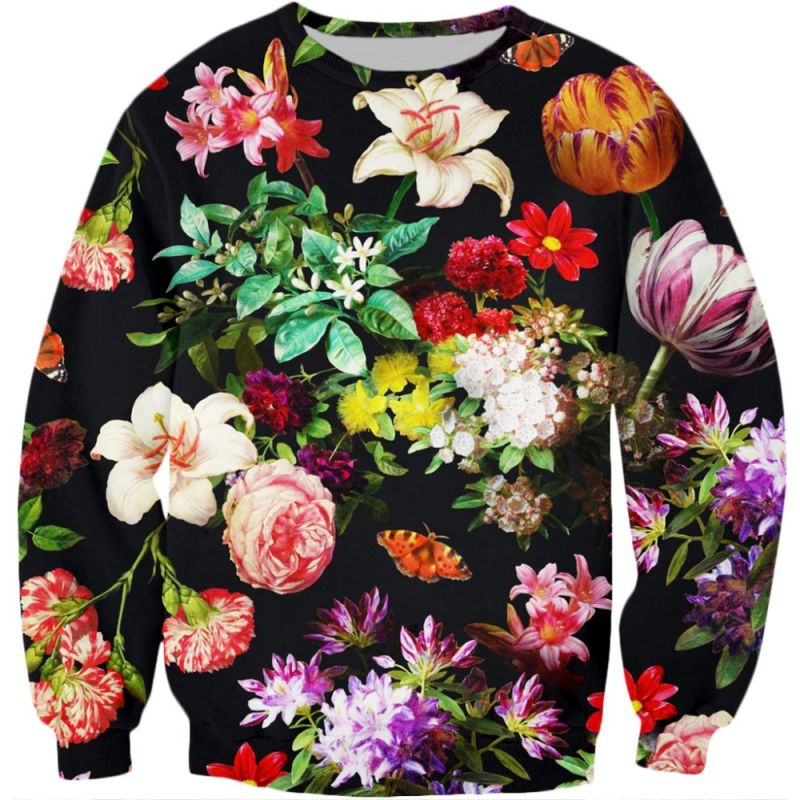 

Hundred flower pattern men's 3D printing hoodie visual impact party top punk goth round neck high quality American sweatshirt hoodie, Black