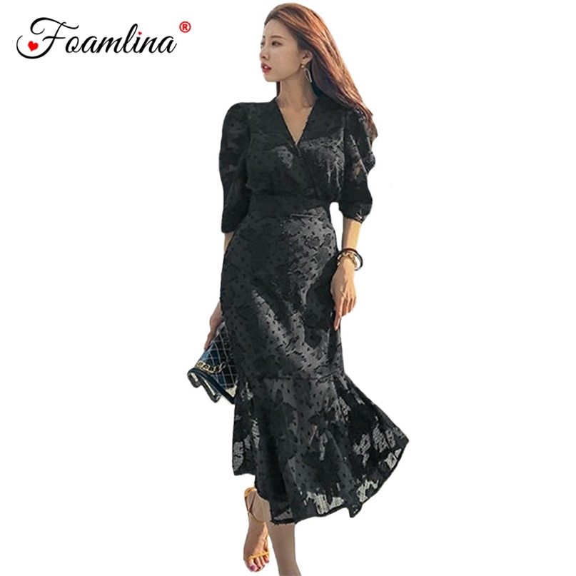 

Dress Women Black Lace Fashion Spring Summer V Neck Half Sleeve Ruffles Mermaid Party 210603