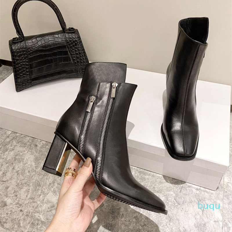 

Designer- women's autumn and winter style short boots, unique square toe , double zipper bootss, electroplating combination 6.5cm thick heel