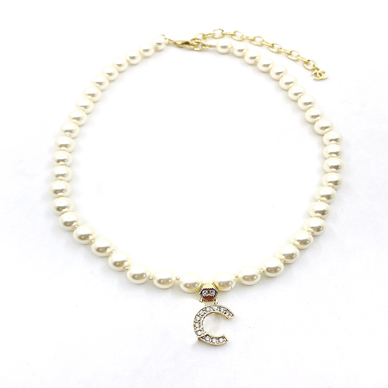 

Luxury Designer Jewerly Pearl Diamond Letter Necklace Elegant Womens Ladies Fashion Necklaces 18k Gold Plated Chains Pendant, Silver