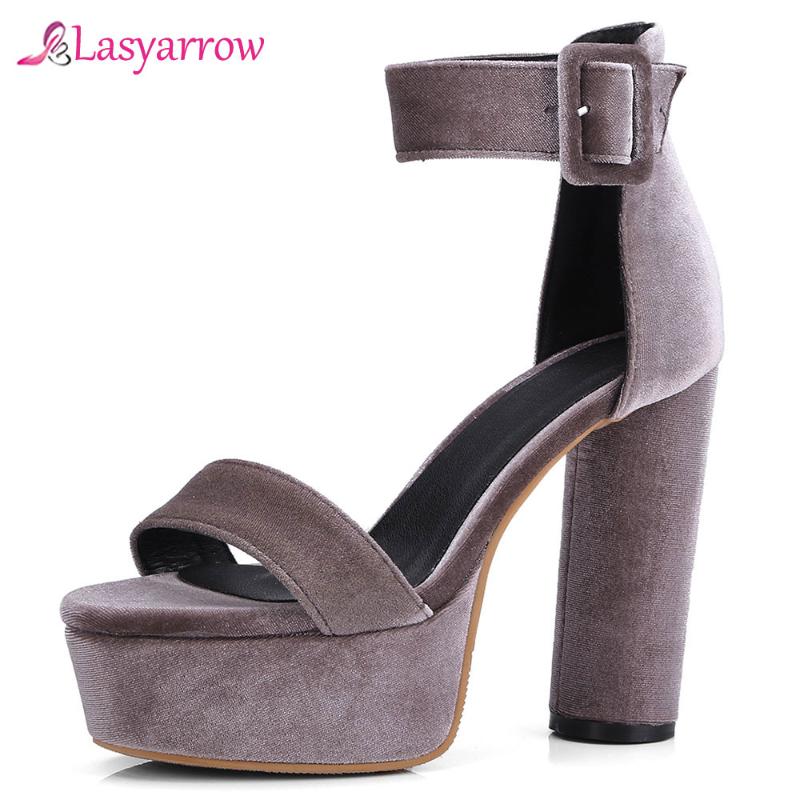 

Lasyarrow 2021 Summer Women Thick High Heel Platform Sandals Ankle Strap Flock Dress Open Toe Buckle Shoes Large Size 32-42 J846, Black