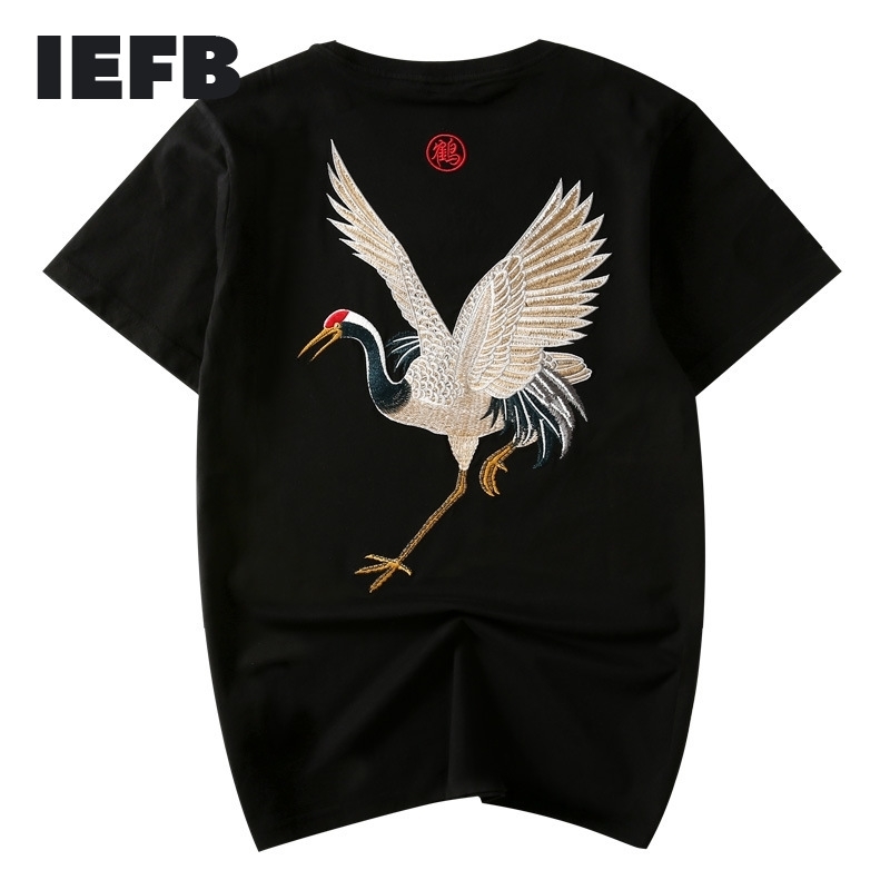

IEFB Summer Couple Wear Chinese Style Crane Embroidery T-shirt Loose Round Neck T-shirts Short Sleeve Tee For Men 210524, Black