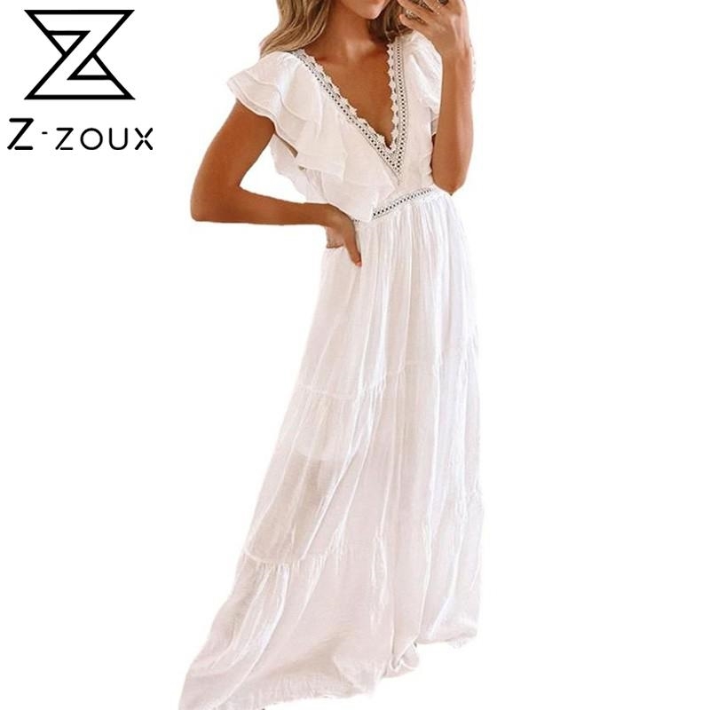 

Women Dress Deep V Neck Summer Bohemia Sexy Ruffles High Waist Large Hem Maxi es Plus Size Beach es 210524, White