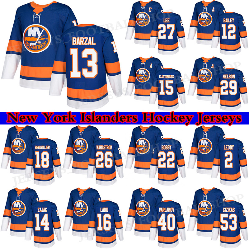 

New York Islanders Jerseys 13 Mathew Barzal 27 Anders Lee 12 Josh Bailey 29 Brock Nelson 15 Cal Clutterbuck hockey jersey, Blue