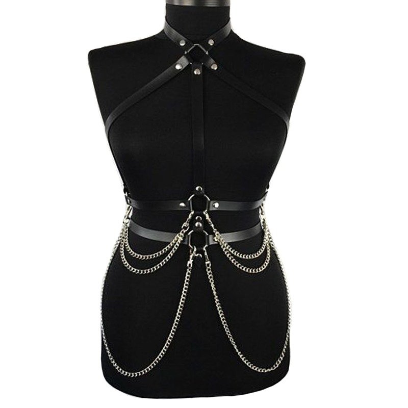 

Belts Sexy Women Suspenders Chest Leather Belt Harajuku Gothic Lingerie Adjustable Bondage Holographic Metal Chain Tassel Harness 210421, Black
