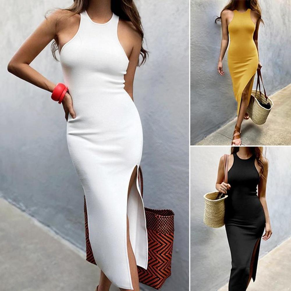 

High Slit Midi Dress Women Sleeveless Tank Summer Casual Solid Color Round Collar Slim Fit Dresses, Black