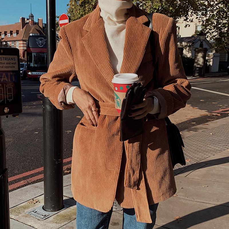 

Women's Suits & Blazers Korean Jacket Coat Chic Autumn French Women Lapel Two Waist Closing Long Sleeve Corduroy Suit, Camel