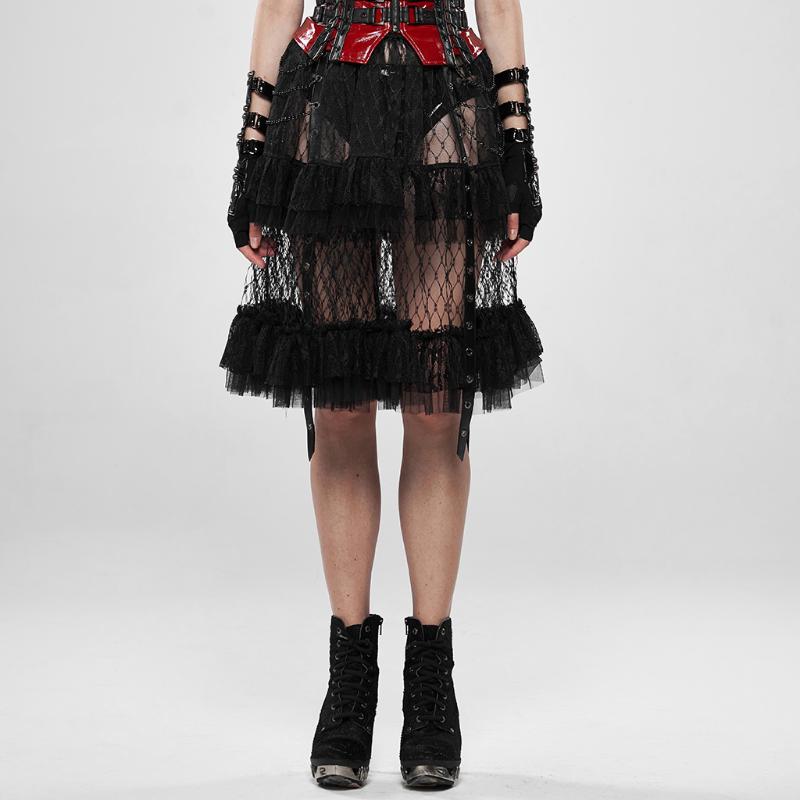 

Skirts PUNK RAVE Women Lolita's Taboo Cage Skirt Ancient Pattern Buckle Decoration Lace Mesh Semi-see-through Party Half, Black