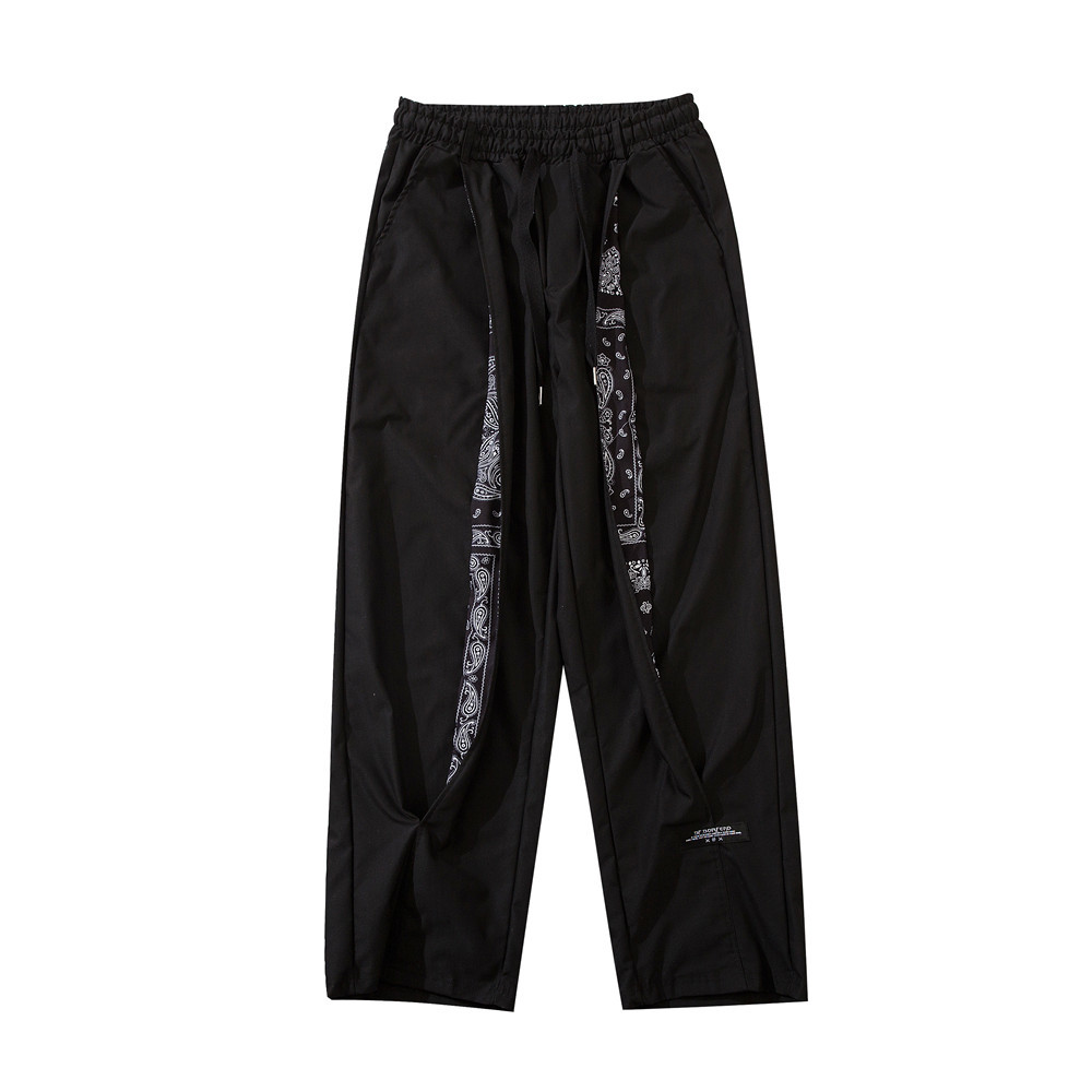 

Side Bandana Patchwork Men's Pants Loose for Men Elastic Waist Draw String Black White