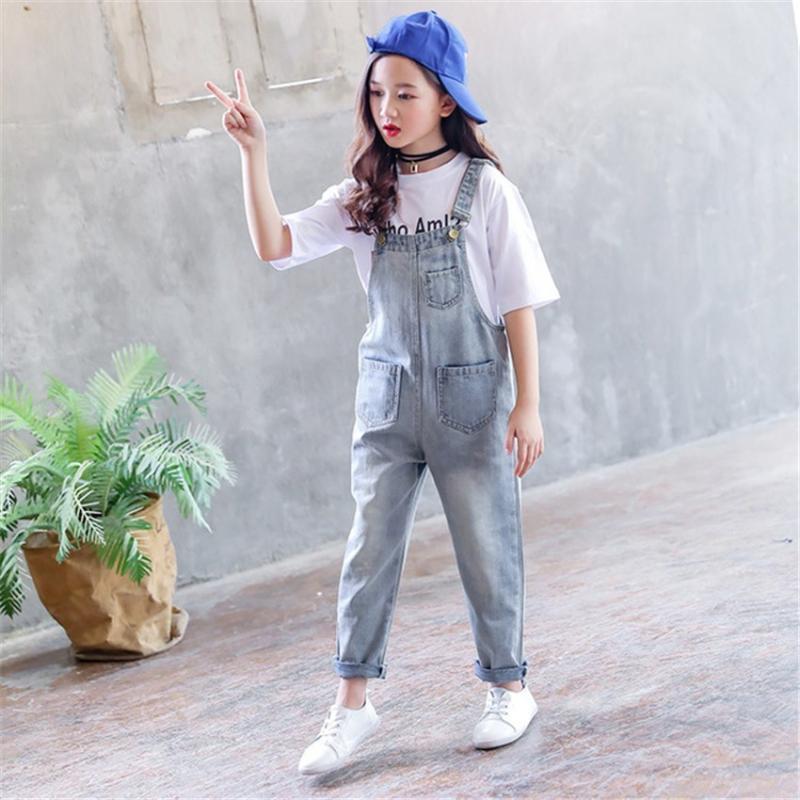 

Clothing Sets 4 5 6 7 8 9 Year Big Girl White Printing T-shirts + Denim Jumpsuit Stylish Clothes For Girls Korean Kids Tracksuit