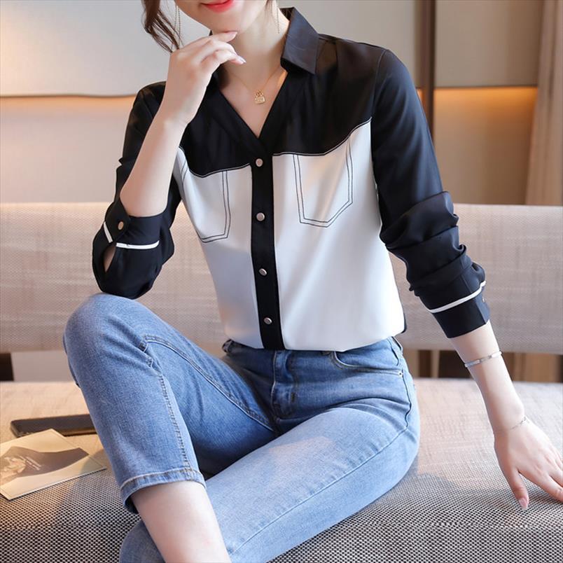 

fashion chiffon long sleeve button womens shirts up patchwork print camisas de mujer elegantes, White