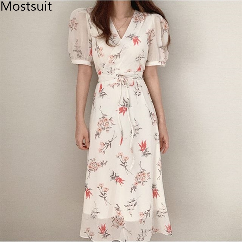 

Summer Korean Fashion Printed A-line Dress Women Short Sleeve V-neck Drawstring Dresses Vintage Elegant Ladies Vestidos 210518, Picture color