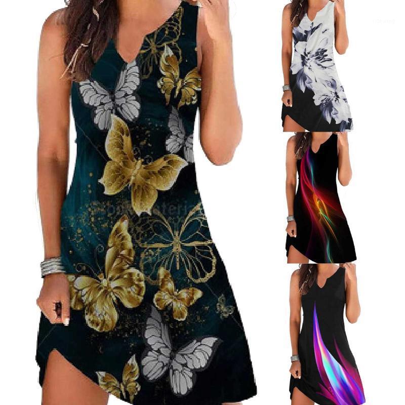 

Casual Dresses 2021 Women's Summer Dress Swing T-shirt Beach Cover Up Plus Size Loose V Neck Print Robe Elegante, Red