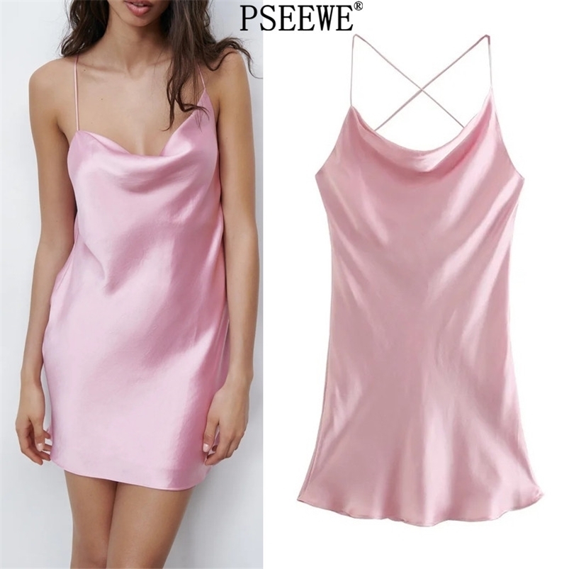 

Za Dres Pink Satin Short es Summer Woman Backless Spaghetti Strap Sexy es Ladies Club Night 210701, Black