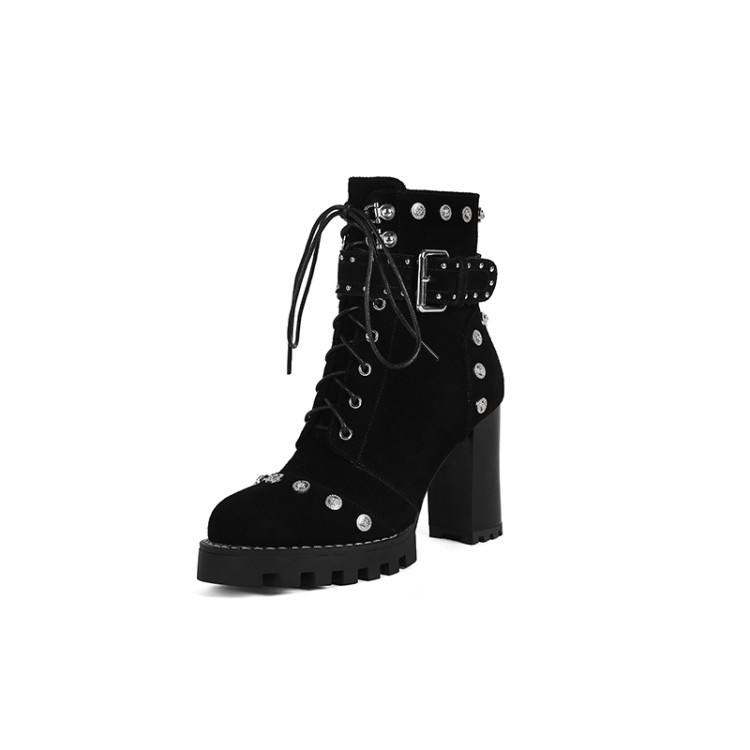 

winter short boots women designer round toe block hight heel soft natural genuine leather patent party wedding fashion luxury platform lady, Black