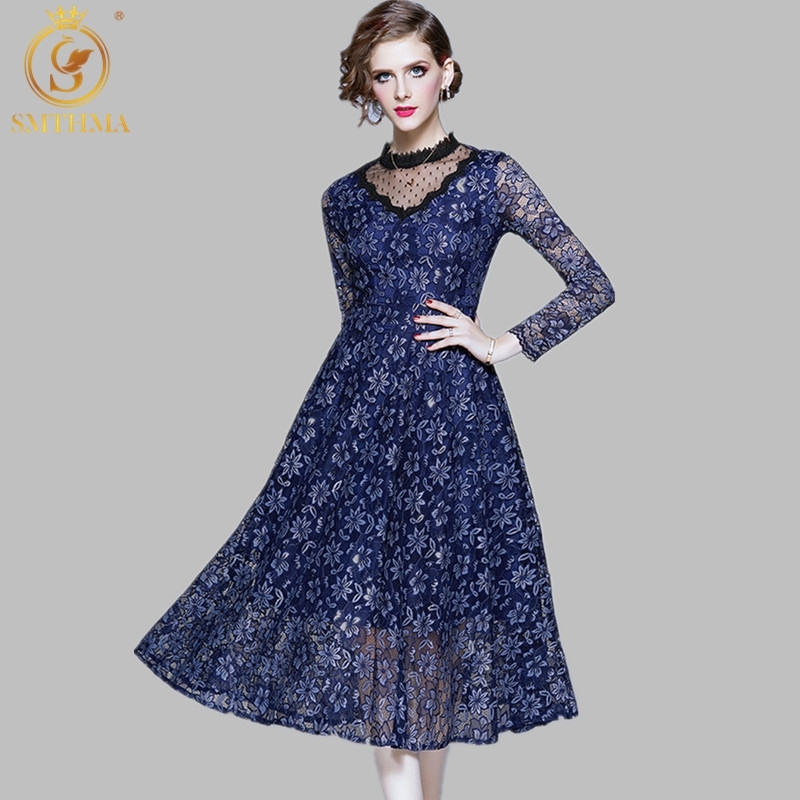 

Spring Fashion Runway Dress Women Long Sleeve Mesh Lace Patchwork Elegant Dresses Vestido 210520, Photo color