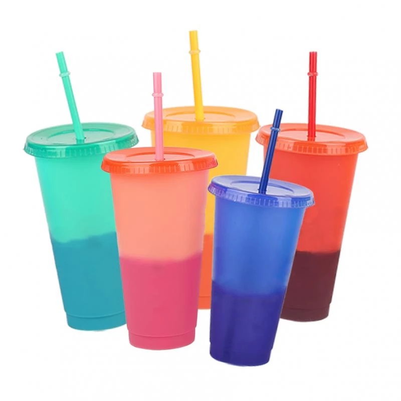 

5pack color change magic tumbler 750ml reusable pp plastic temperature sensing Transparent Drinking Juice coffee mug cup with lid, Customize