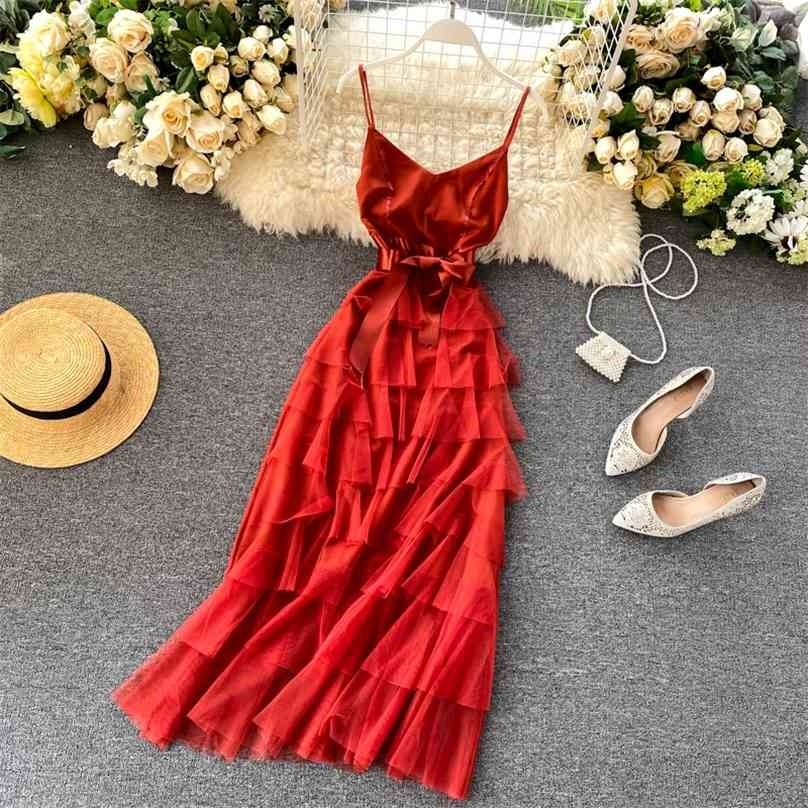 

Women Mesh Patchwork Dress Summer Sexy V-neck Ruffle Party Dresses Ladies High Waist Vintage Layer Long Robe Vestidos 210525, Red