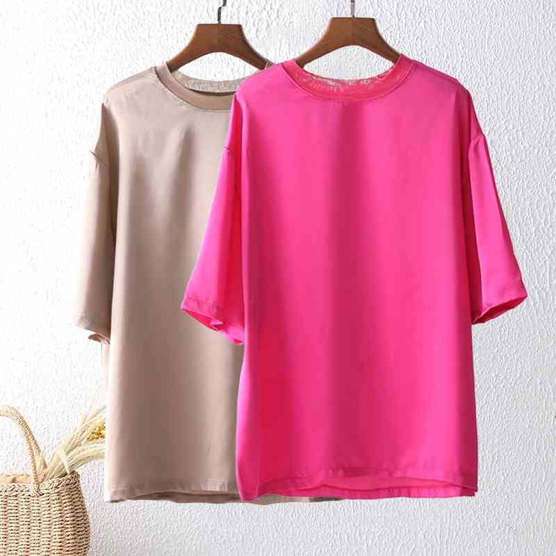 

Basic Khaki Chiffon Tops Shirt for Women Blouse Short Sleeves Elegant White Black O-neck Satin Silk Women's Summer 210603