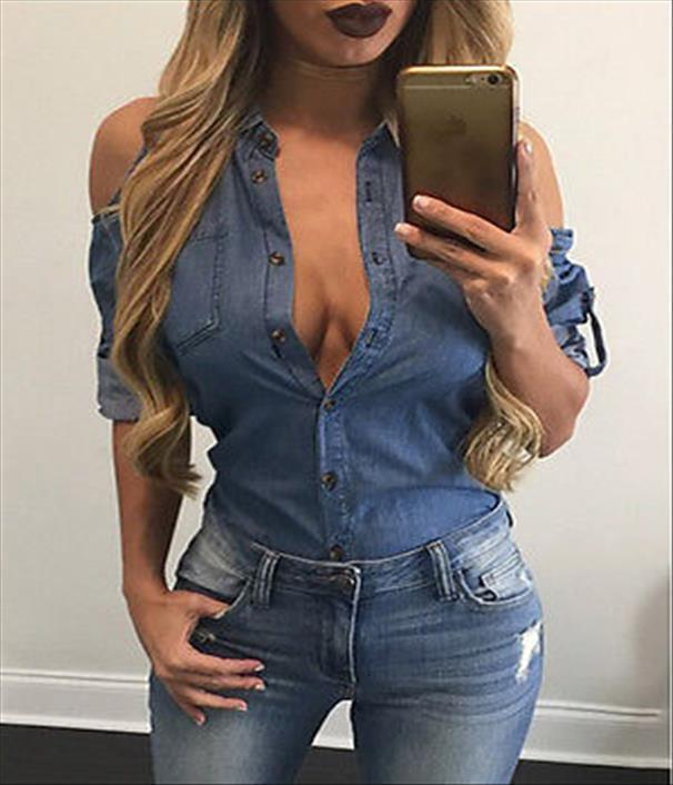 

fashion charm blue fake womens shirt jean denim long sleeve off shoulder blouse, White