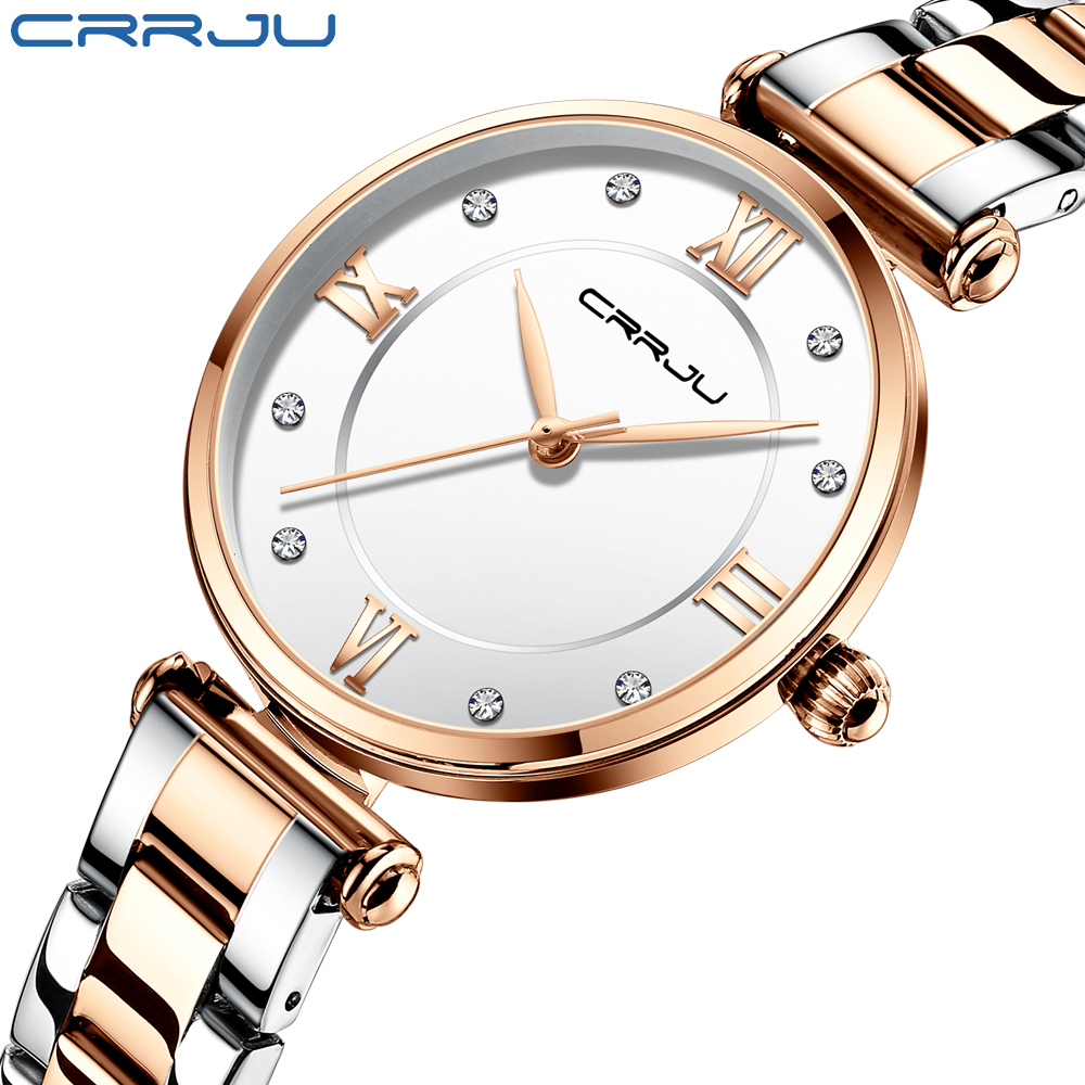 

Women Watch CRRJU Fashion Luxury Blue Watch for Women Casual Waterproof Quartz Ladies Stainless Steel Watch relogio femininog, Silver white