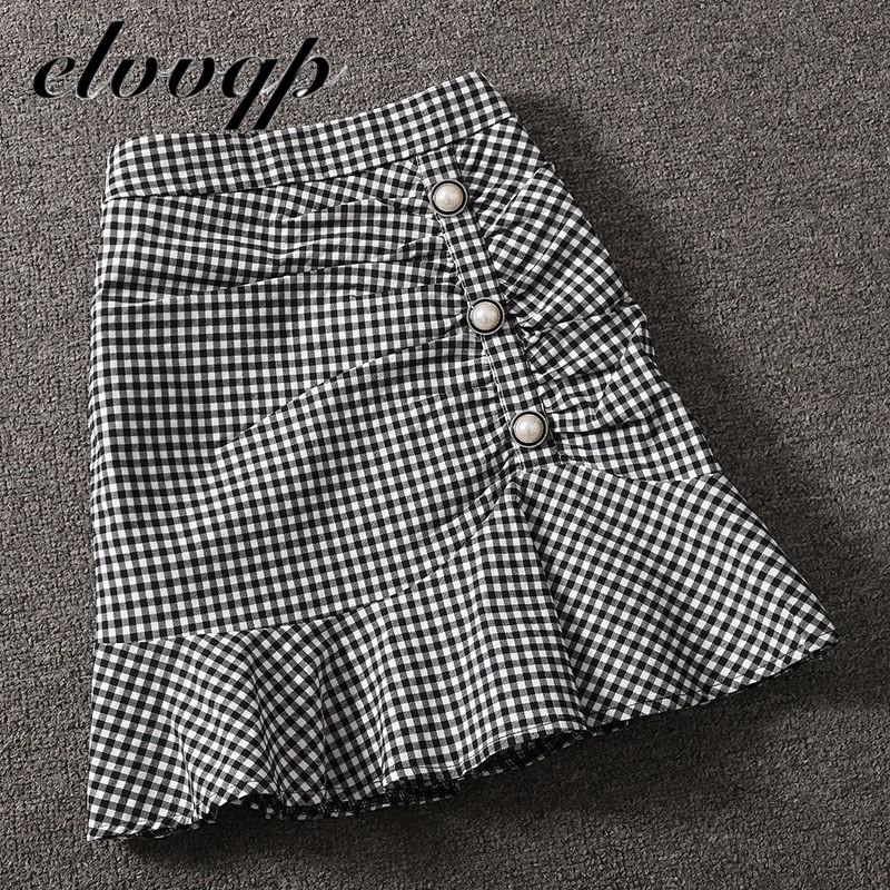 

Harajuku Fashion Vintage Plaid Skirt Spring autumn Womens High Waist Mini Skirts 2021 Women Slim Button pleated Mermaid skirt, Black