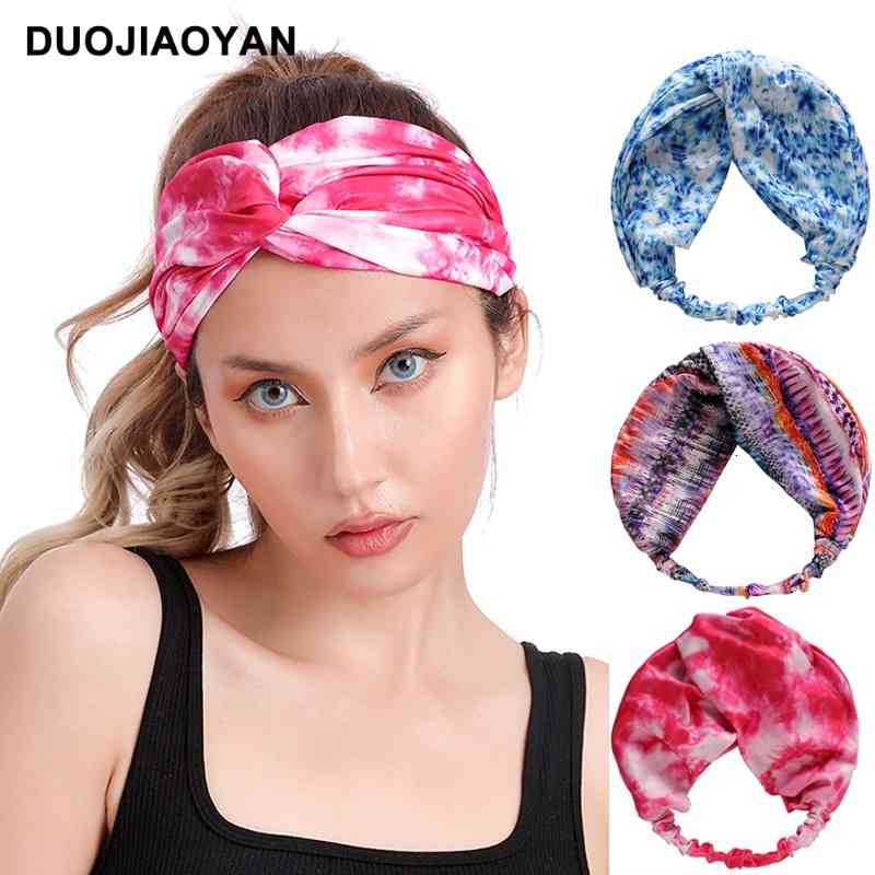 Hair Accessories Multi Charming Ultra Wide Tie Dyeing Headband with Cross Knot in the Middle and Elastic Printing Sports Face Washing-image-744804349