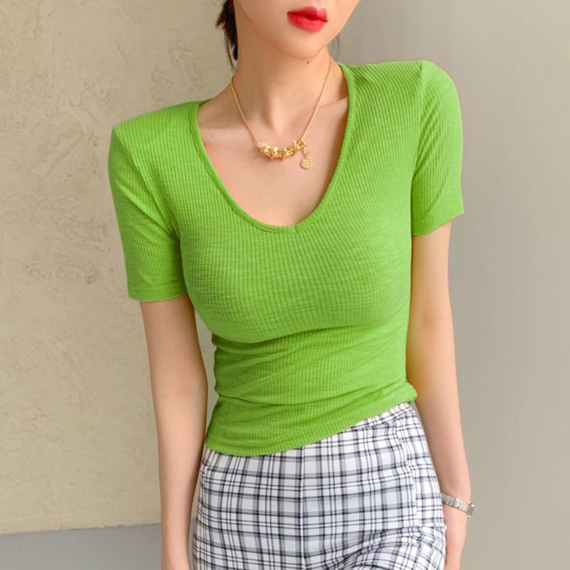 

Women's T-Shirt AOSSVIAO 2022 Slim Basic Woman T Shirts Summer Short Sleeve Top White Tshirt Cotton V Neck Korean Style Women Clothes