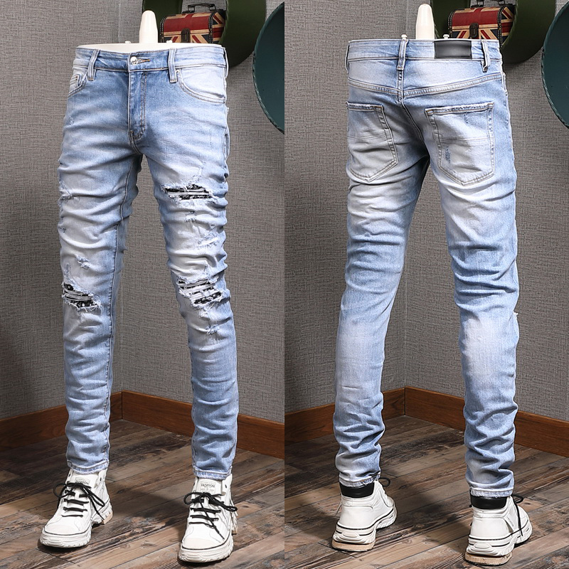 

Ripped Motocycle Jeans Men Big Size 38 Fading Washed Slim Fit Denim Trousers, 8228