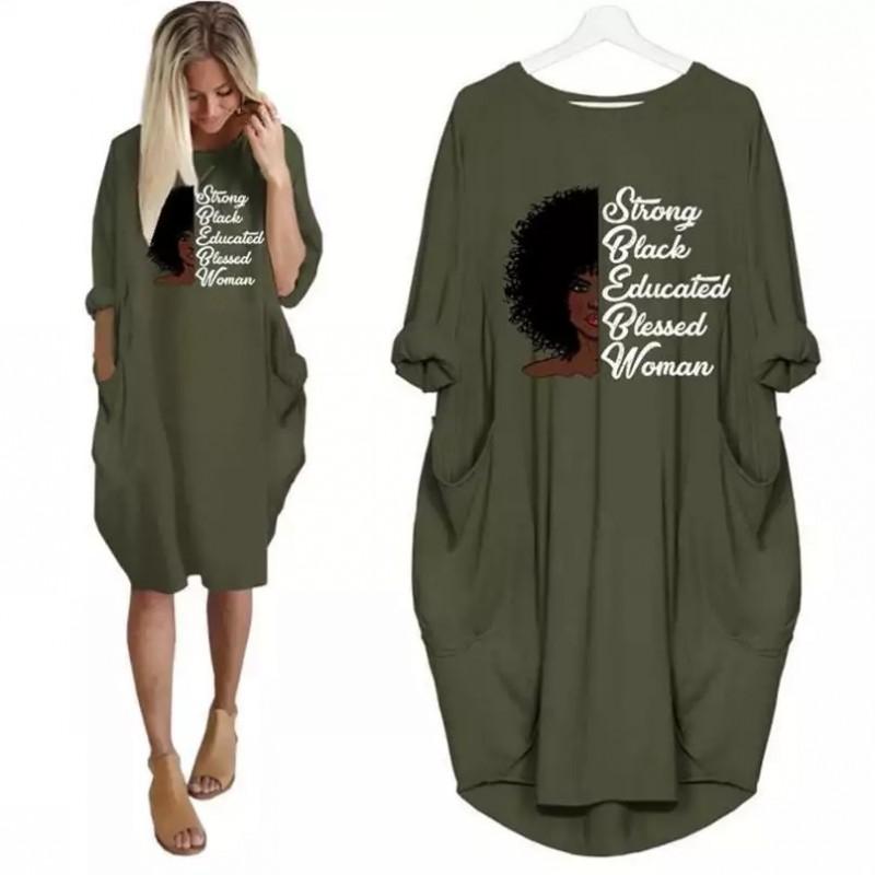 

Plus Size Dresses 5XL Women's Dress O Neck Loose With Pockets Robes Vestidos Summer Letters Print Fashion Casual For Women, Black
