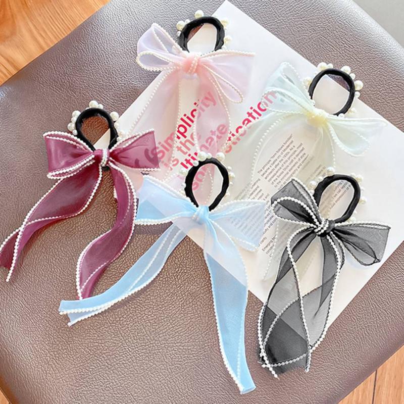 

Hair Accessories Women Elegant Pearls Chiffon Ribbon Bow Scrunchie Tie Sweet Decorate Bands Headband Fashion, Slivery;white