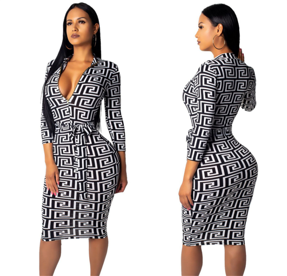 

Designer Womens Dresses Summer Casual Europe and The United States with A Floral Pattern Fashion Slim Sexy Women's One-piece Skirt Bodycon Clothing, Brown