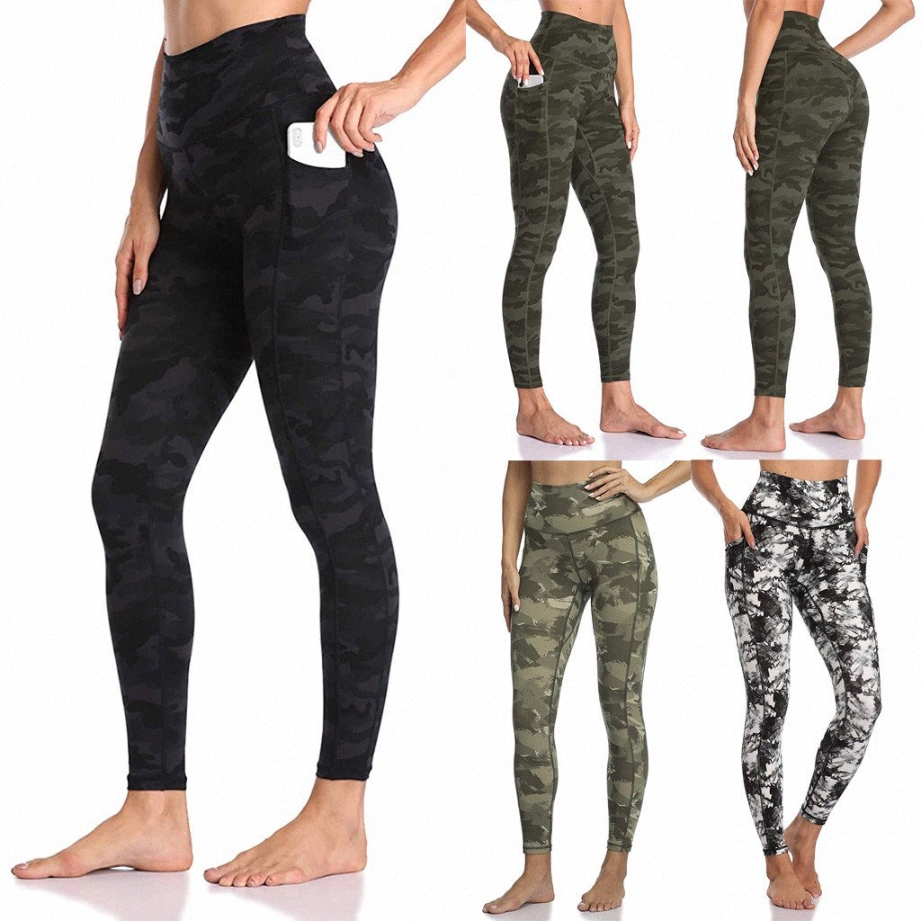 

High Waist Fitness Leggings Women Sport High Waisted Yo-ga Pants Camouflage Print Leggings Pocket Activewear Jeggings 13xZ#, Black