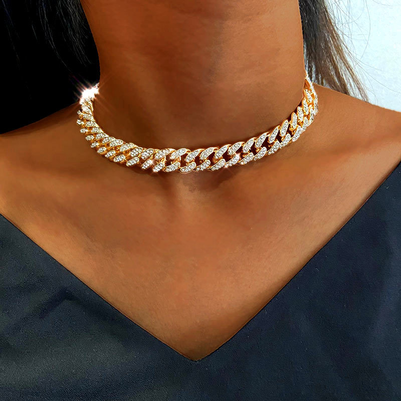 

12mm Miami Cuban Link Chain Gold Silver Color Choker Necklace for Women Iced Out Crystal Rhinestone Necklace Hip hop Jewlery 210330