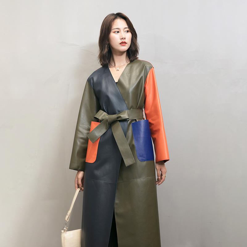 

Women' Leather & Faux Elegant Winter Genuine Jacket Women Autumn Long Sheepskin Coat Female Vintage Real Jackets Belt Tops LW2164, Green