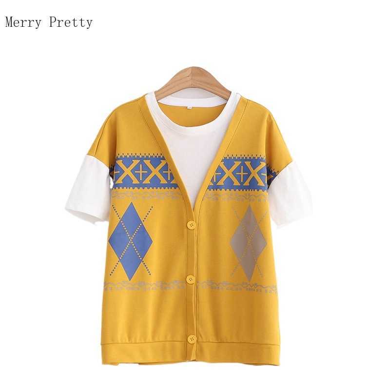 

Women Argyle Plaid Print Fake 2 Piece Casual T Shirts Summer Short Sleeve O-neck Female Cotton Basic Graphic Tops Tees 210526, Yellow