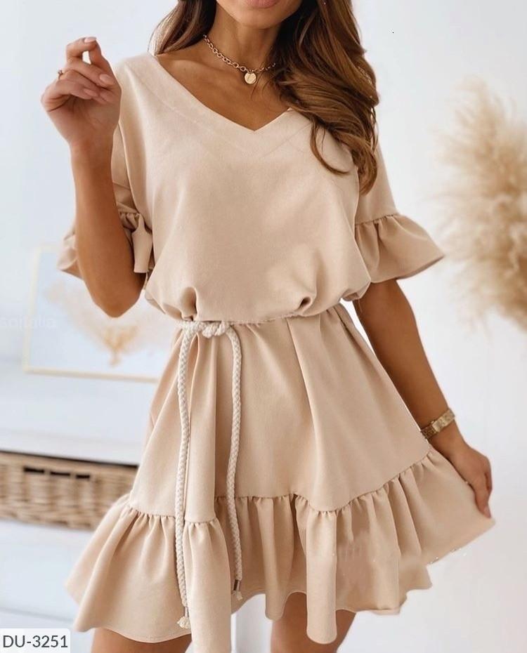 

dresses V-Neck Ruffle Short Sleeve Hem Pleated Dress Women 2021 Fashion Street Wear Casual Dresses Ladies, Gray