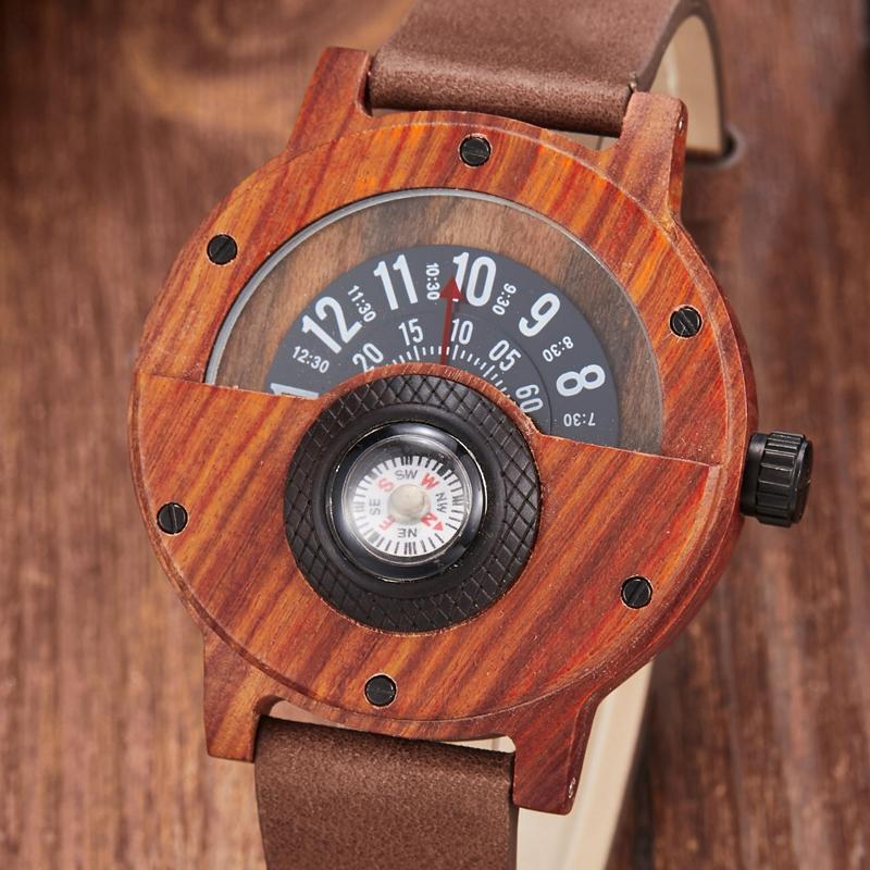 

Wristwatches Creative Wooden Watch Men Wrist Watches Real Solid Natural Walnut Wood Rosewood Male Turntable Compass Wristwatch Clock, Rose wood watch