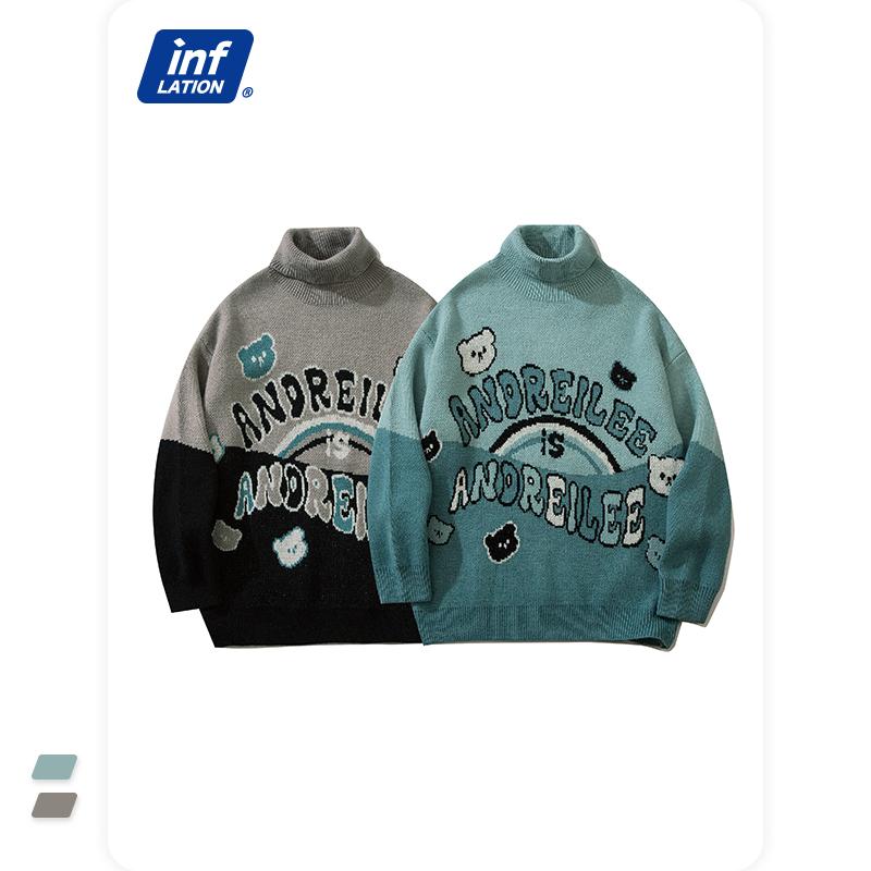 

Men's Sweaters INFLATION Mens Turtleneck Sweater 2021 Winter Warm Knitted Pullovers Men Harajuku Cartoon Patchwork Oversized Unisex, White;black