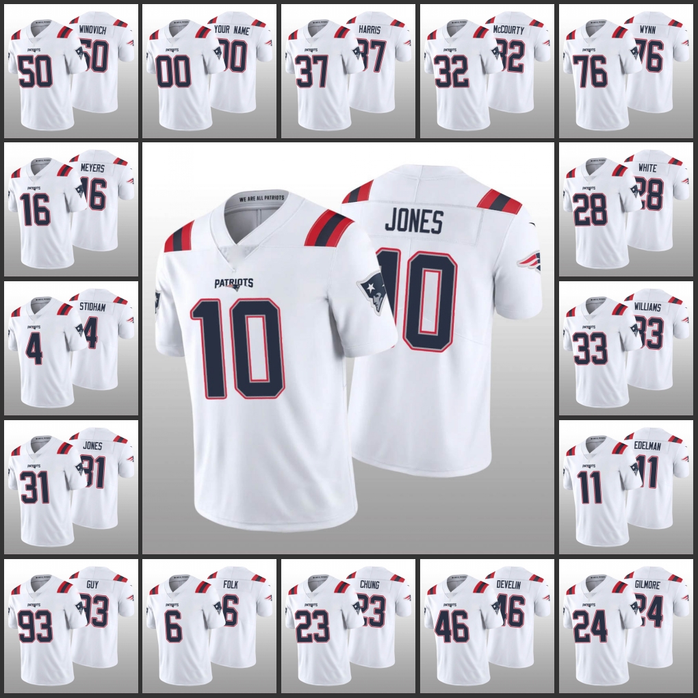 

Jersey New England''Patriots''Men #11 Julian Edelman 10 Mac Jones 4 Jarrett Stidham 6 Nick Folk''NFL''Women Youth Custom White Vapor Limited