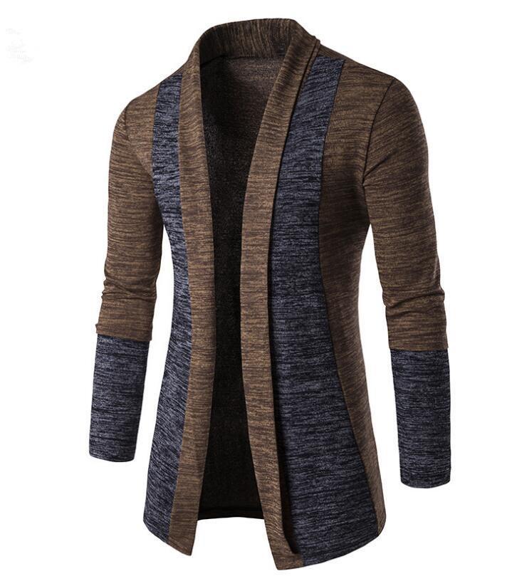 

Men's Trench Coats Casual Open Stitching Contrast Color Sweater Korean Style Wild Cardigan Fashion Long Sleeve Coat Men In Fall And Winter, Brown