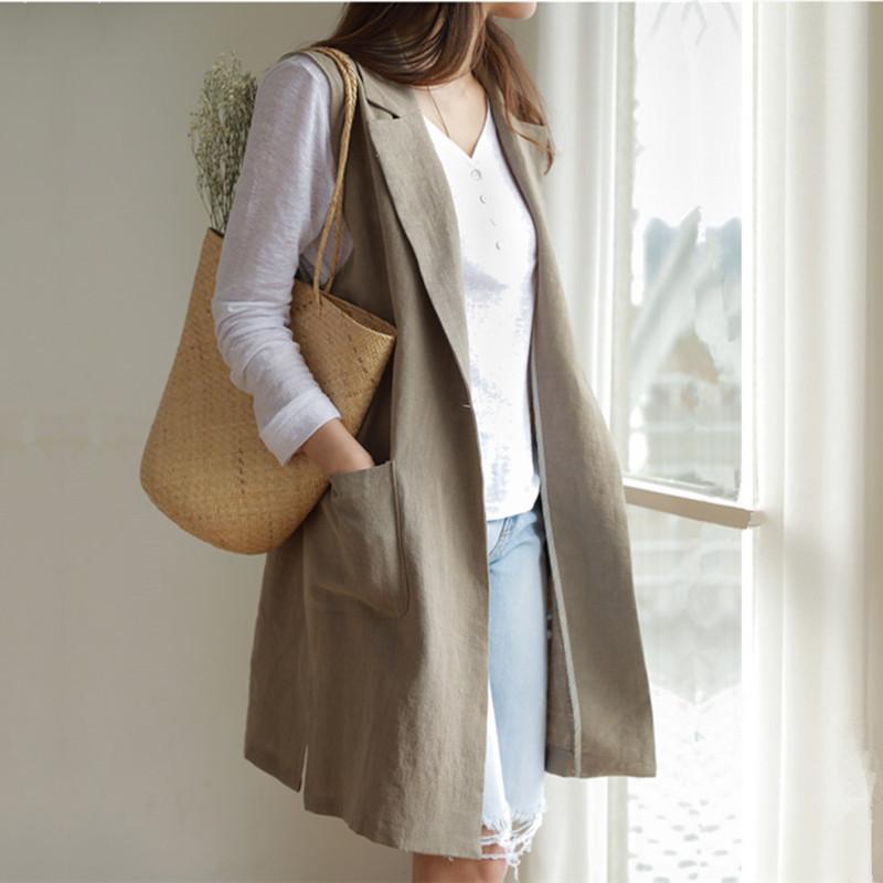 

Women's Suits & Blazers 2021 Summer Linen Mid-length Sleeveless Suit Jacket Daily Casual Single-breasted Loose Simple Vest All-match OL, Khaki
