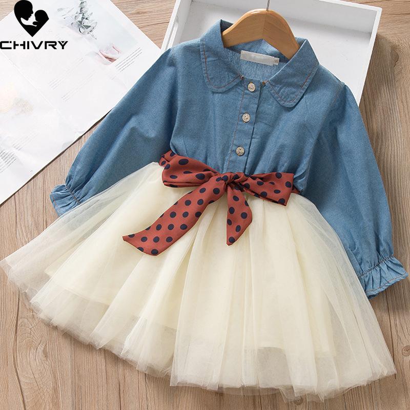 

Girl's Dresses Girls Fashion Dress Spring Autumn 2022 Baby Girl Denim Mesh Patchwork Kids Lapel Long Sleeve Princess With Belt, Red;yellow